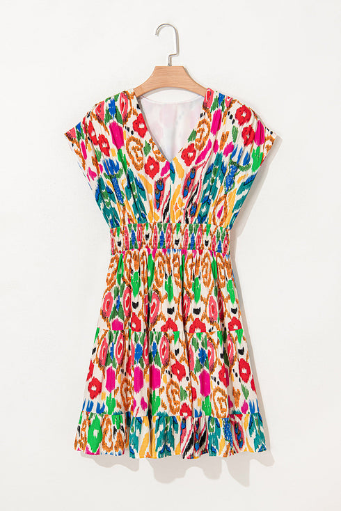 Bohemian Abstract Print V Neck Smocked Waist Tiered Ruffle Mini Dress